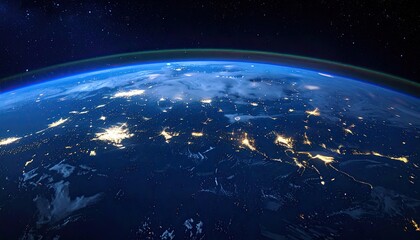Fototapeta premium Earth View at Night, City Lights Glowing from Orbit, Cosmic Background Space