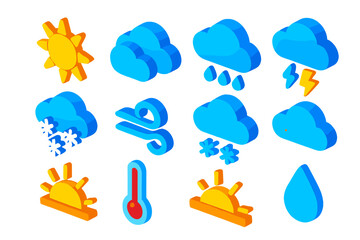 Colorful Weather Icons. Isometric vector illustration set Weather UI: sunny icon, partly cloudy icon, cloudy icon, rain icon,
