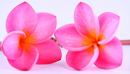 Two vibrant pink plumeria blossoms
