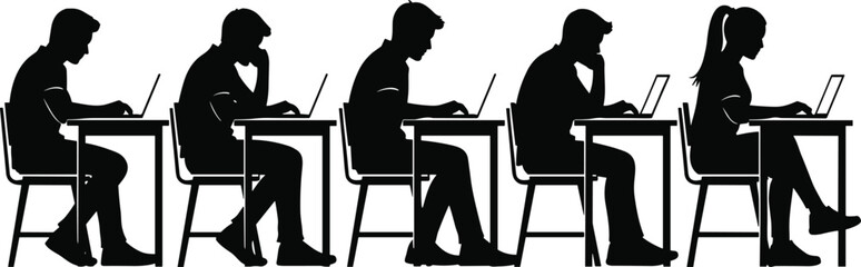 "Black Silhouette Vector of Students or Workers Using Laptops at Desks for Classroom, Exam, Office, and Digital Learning Design"