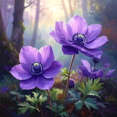 Two vibrant purple anemones in a sunlit forest