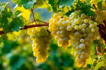 Fototapeta premium Golden green grapes cluster closely on vines, surrounded by vibrant green leaves. The warm afternoon light enhances the fresh appearance of the vineyard scene, ripe for harvest