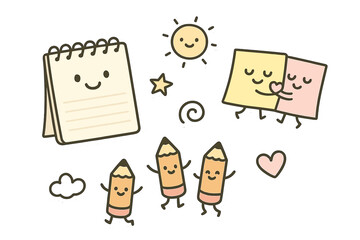 Playful Doodle Stickers. Charming doodle stickers: notebook with smiling pages, sticky notes hugging, tiny pencils jumping,