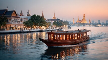 Bangkok River Cruise at Sunset with Temple of Dawn in Background