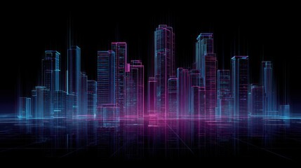 Abstract digital cityscape with glowing lines against dark background