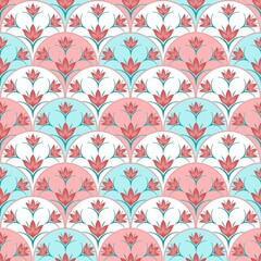 Seamless pattern of scallops decorated with floral and leaf patterns