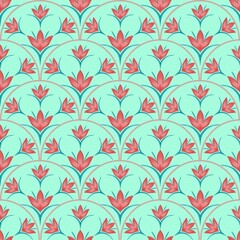 Seamless pattern of scallops decorated with floral and leaf patterns