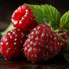 Vibrant red raspberries glistening with refreshing water droplets, showcasing their natural sweetness and ripe freshness perfect for healthy eating and summer delights