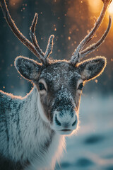 Stunning close-up of a wild reindeer, its impressive antlers and thick fur covered in glistening snow and frost, bathed in the soft, golden hues of a cold winter sunrise