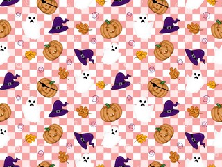 Halloween seamless background with pumpkins, autumn leaves, white ghosts, and witch hats with checkered background