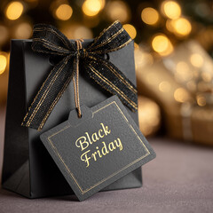 Elegant black gift bag adorned with a stylish ribbon and a 'Black Friday' tag, set against a backdrop of festive golden bokeh lights, symbolizing seasonal shopping deals and holiday gifting