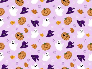 Halloween seamless background with pumpkins, autumn leaves, white ghosts, and witch hats. Good for textile fabric design, wrapping paper, website wallpaper, wallpaper, and apparel. vector illustration