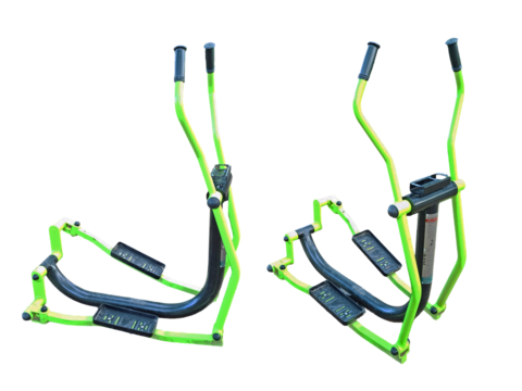 Two angles showcase an elliptical trainer designed for home workouts, highlighting its features and compact build, ideal for full-body exercise routines.