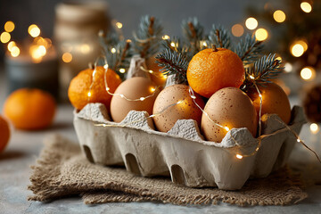 Rustic festive centerpiece with fresh brown eggs, vibrant tangerines, and evergreen sprigs, beautifully illuminated by warm twinkling lights, creating a cozy natural holiday atmosphere