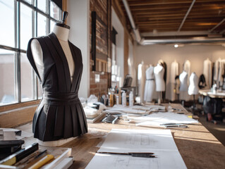 A fashion designer's workshop in sunlit industrial loft. Foreground features a mannequin in black garment and a work table covered with design sketches and tools. The background shows more mannequins
