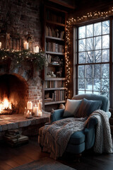 Cozy winter evening by a warm fireplace with an armchair, blankets, and candles. A tranquil indoor setting perfect for relaxation, against a snowy window view