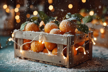 Cozy winter scene with a rustic wooden crate brimming with vibrant tangerines, elegantly adorned with twinkling fairy lights and dusted with delicate snow, embodying the warmth and joy of the festive 