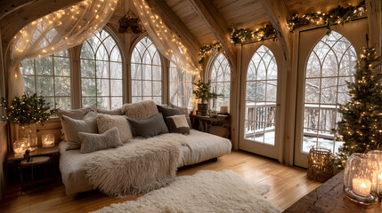 Warm and inviting winter room decorated for the holidays, featuring a comfortable daybed, glowing fairy lights, and picturesque snowy views for ultimate relaxation