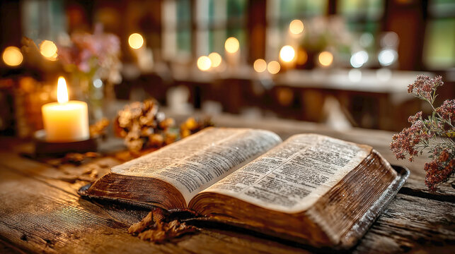An open antique Bible rests on a rustic wooden table, creating a serene and spiritual setting. The scene is warmly lit by the soft glow of a lit candle and bokeh lights in the background