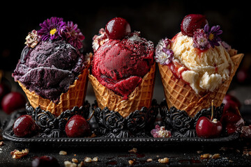 Three gourmet ice cream cones, each a vibrant, creamy flavor, adorned with luscious cherries and delicate flowers, creating an exquisite, indulgent dessert
