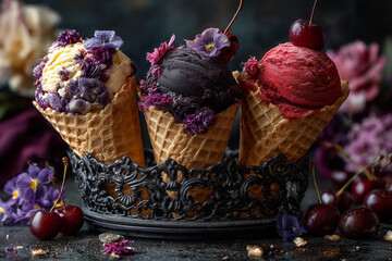 Indulgent trio of gourmet ice cream cones, showcasing rich berry and dark fruit flavors, elegantly adorned with fresh cherries and delicate edible blossoms for a sophisticated dessert