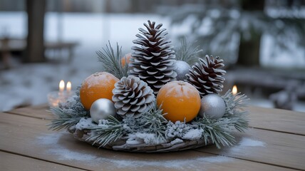 Festive Winter Holiday Centerpiece with Pine Cones Oranges and Silver Ornaments for Seasonal Celebrations and Home Decor