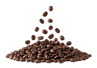 Obraz premium Floating and falling dark roasted coffee beans with subtle sheen, above a dense pile on a transparent studio background, concept for premium coffee advertising