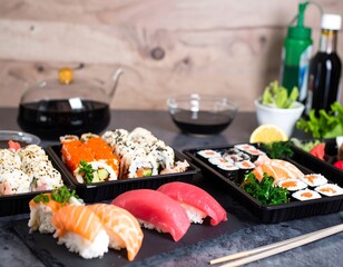 Variety of sushi in takeout containers