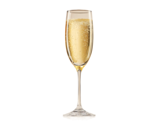 Elegant champagne flute filled with sparkling golden bubbly on a black background.