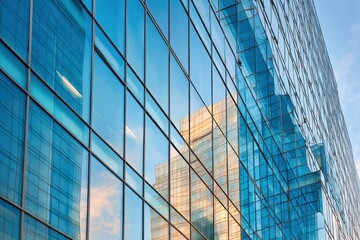 Obraz premium Modern glass building facade at sunset