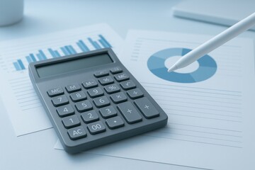 Calculator and financial charts with pie chart and bar graph for analysis