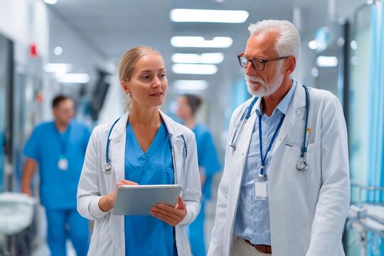 Two healthcare workers engage in a conversation about patient care while walking through a bustling hospital corridor filled with activity