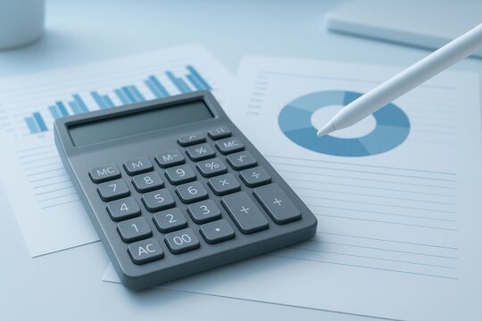 Calculator and financial charts with pie chart and bar graph for analysis