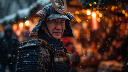 日本人高齢男性が雪の市場で侍甲冑姿で荷物を持つ