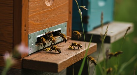 Bees swarming around wooden beehive outdoors in natural setting