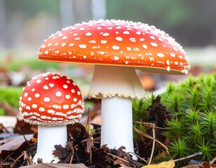 Two vibrant red toadstools in a forest setting