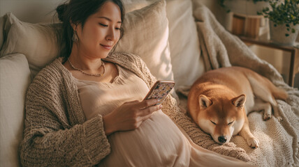 Obraz premium 女性が妊娠期に犬の隣で穏やかに連絡