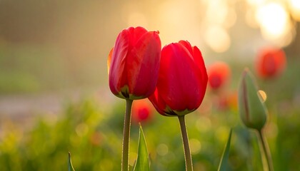 Two vibrant red tulips in sunlight