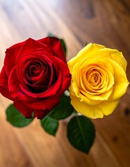 Two vibrant roses, red and yellow, on a wooden surface