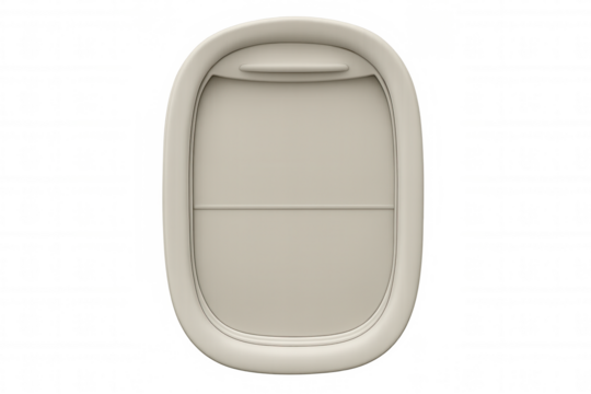 Airplane window with closed gray blind, aircraft porthole on transparent background, travel concept