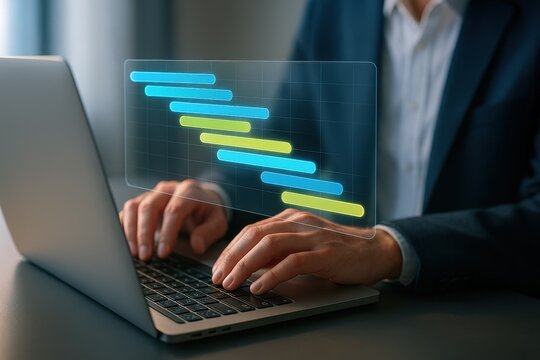 Businessman using laptop with glowing holographic gantt chart for project scheduling