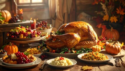 Thanksgiving feast on rustic wooden table