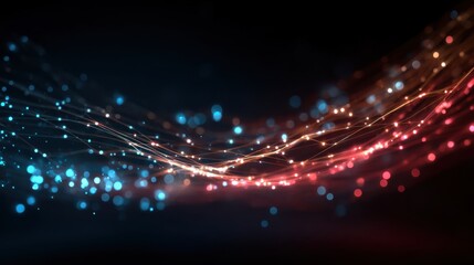 Experience the dynamic fusion of glowing lights and stars against a dark backdrop, symbolizing high-speed data transfer and cutting-edge technology in vibrant blue and red hues.