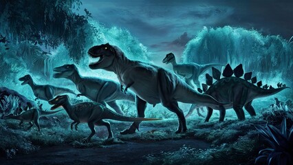 Fototapeta premium Glowing Dinosaurs in Bioluminescent World