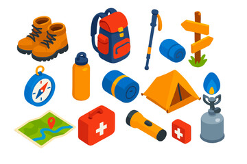 Fototapeta premium Hiking Essentials Icons. Isometric vector illustration set Hiking essentials: hiking boots, trekking backpack, forest trail sign,