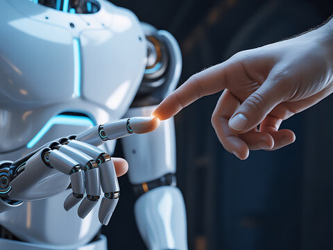 AI-generated hyper-realistic image of a human finger touching a robot’s metallic finger, evoking harmony, innovation, and the dawn of human-AI interaction. - Powered by Adobe