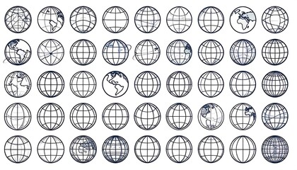 Various perspectives of stylized world globes, displayed in a grid pattern, each showcasing different geographic locations.