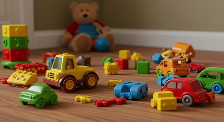 Obraz premium Collection of colorful toy cars and blocks scattered on wooden floor
