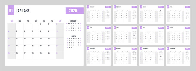 Minimalist 2026 year Calendar month template horizontal pages set. Yearly english planner week starts on sunday 