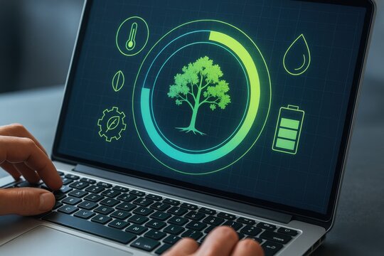 Laptop screen with green sustainability dashboard showing tree battery water and eco icons 
